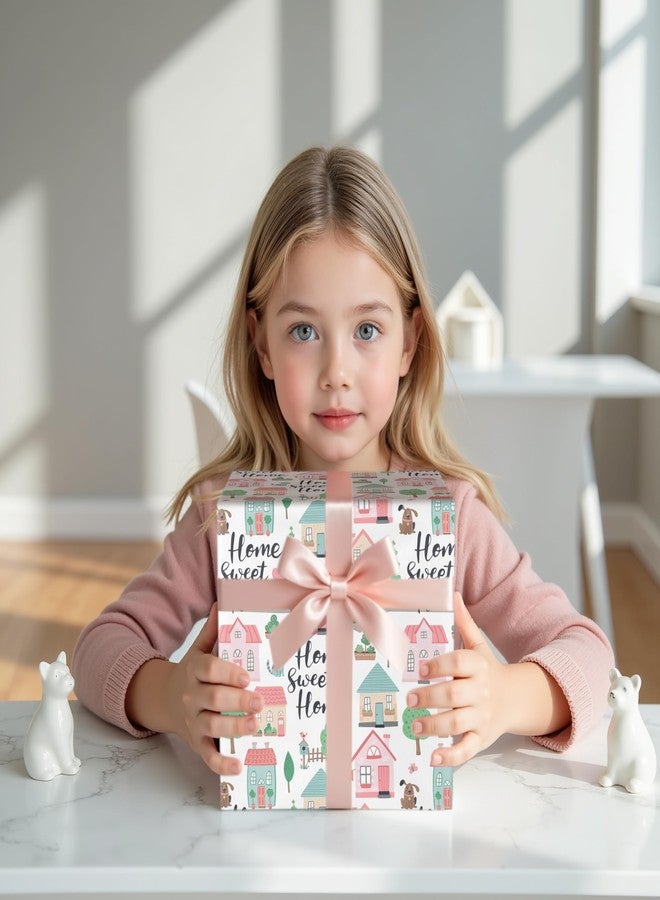 LeZakaa Pink Housewarming Wrapping Paper, Pink Houses & Leafy Green Trees Design, Home Sweet Home Text, for Welcome-home, Family Gifts, for Gifting Families, Friends, Neighbors, 17 In x 16.4 Ft - Image 5