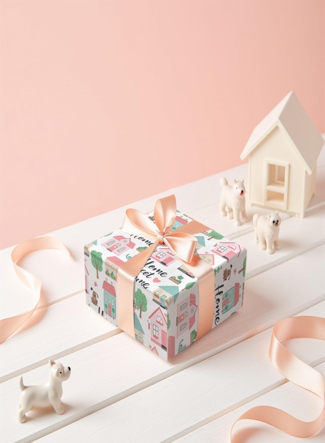 LeZakaa Pink Housewarming Wrapping Paper, Pink Houses & Leafy Green Trees Design, Home Sweet Home Text, for Welcome-home, Family Gifts, for Gifting Families, Friends, Neighbors, 17 In x 16.4 Ft - Image 4