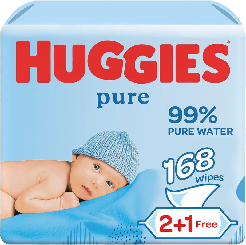 Huggies Pure Baby Wipes, 99% Pure Water Wipes, 3 Pack x 56 Wipes (168 Wipes) - Image 1