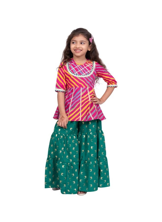 TWISHA Cotton 3/4Sleeves Leheriya Printed Top with Sharara - Pink & Green