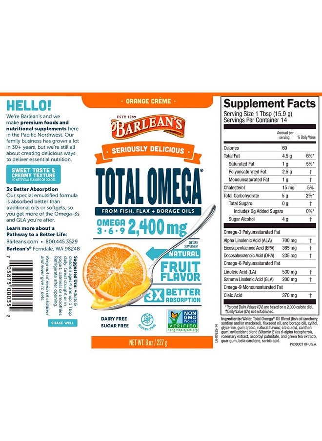 BARLEAN'S - Total Omega 3 6 9 Orange Crème Liquid Fish Oil Supplement With Borage And Flaxseed Oil 2400 Mg Of Omegas Epa And Dha Plus Gla For Joint And Heart Health 8 Oz - Image 1