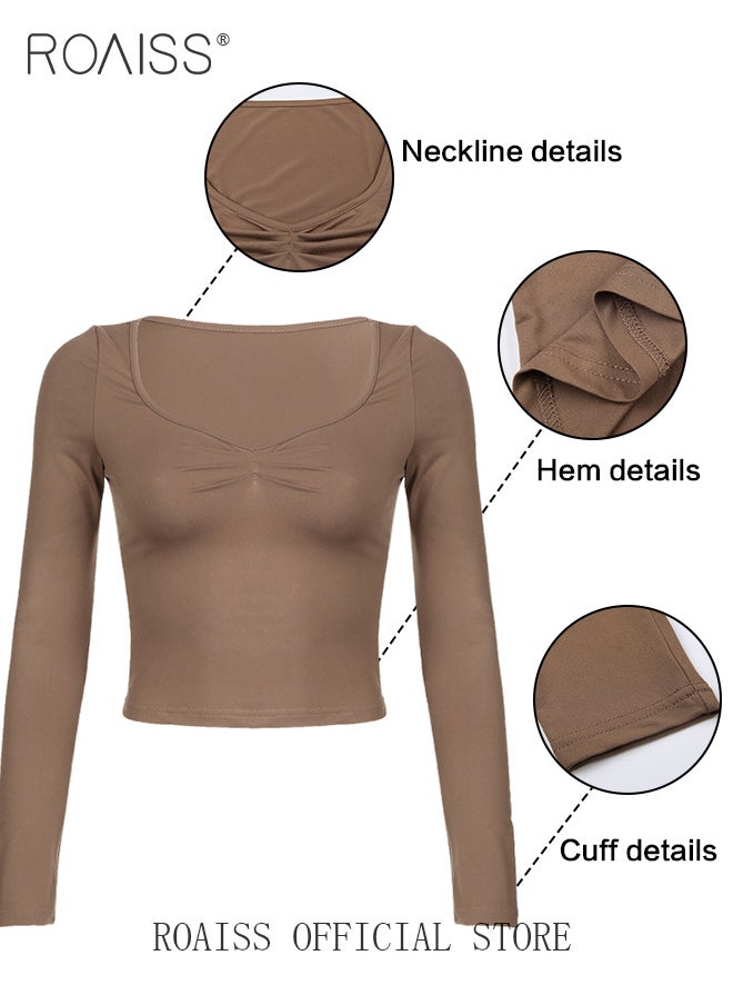 roaiss Women Square Neck Base Layer Top Slim Fit to Enhance the Figure Classic and Timeless Solid Color Design Perfect for Business Casual Look Long Sleeve Short Base Layer Shirt for Work and Leisure  - Image 2