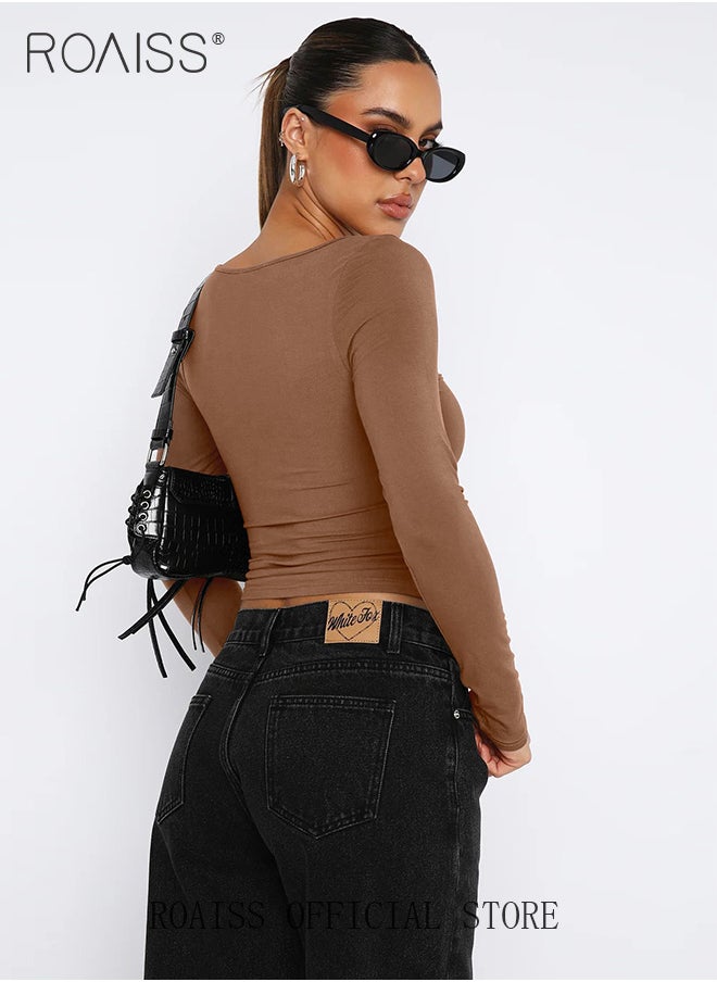 roaiss Women Square Neck Base Layer Top Slim Fit to Enhance the Figure Classic and Timeless Solid Color Design Perfect for Business Casual Look Long Sleeve Short Base Layer Shirt for Work and Leisure  - Image 3