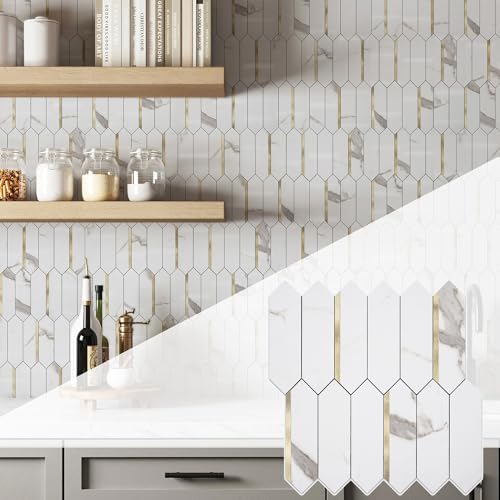 KASARO Peel and Stick Backsplash Long Hexagon Wall Tile, 10-Pieces PVC Self Adhesive Mosaic Tiles, Marble White with Vintage Gold Stripes Decorative for Kitchen, Bathroom and Fireplace - Image 1