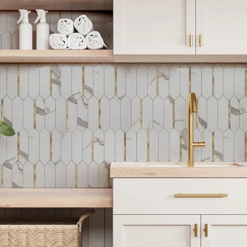 KASARO Peel and Stick Backsplash Long Hexagon Wall Tile, 10-Pieces PVC Self Adhesive Mosaic Tiles, Marble White with Vintage Gold Stripes Decorative for Kitchen, Bathroom and Fireplace - Image 2