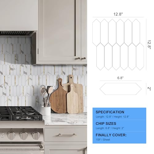 KASARO Peel and Stick Backsplash Long Hexagon Wall Tile, 10-Pieces PVC Self Adhesive Mosaic Tiles, Marble White with Vintage Gold Stripes Decorative for Kitchen, Bathroom and Fireplace - Image 4