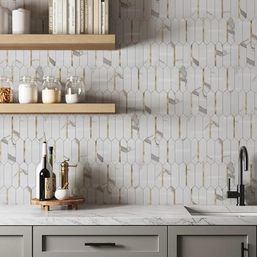 KASARO Peel and Stick Backsplash Long Hexagon Wall Tile, 10-Pieces PVC Self Adhesive Mosaic Tiles, Marble White with Vintage Gold Stripes Decorative for Kitchen, Bathroom and Fireplace - Image 5