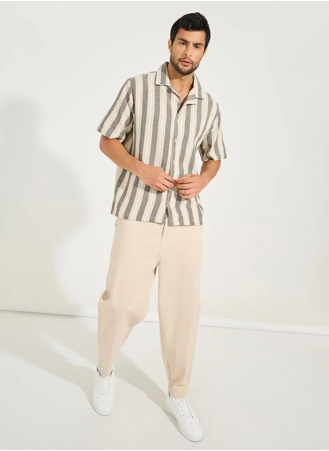 Styli Yarn Dyed Stripe Resort Collar Relaxed Shirt