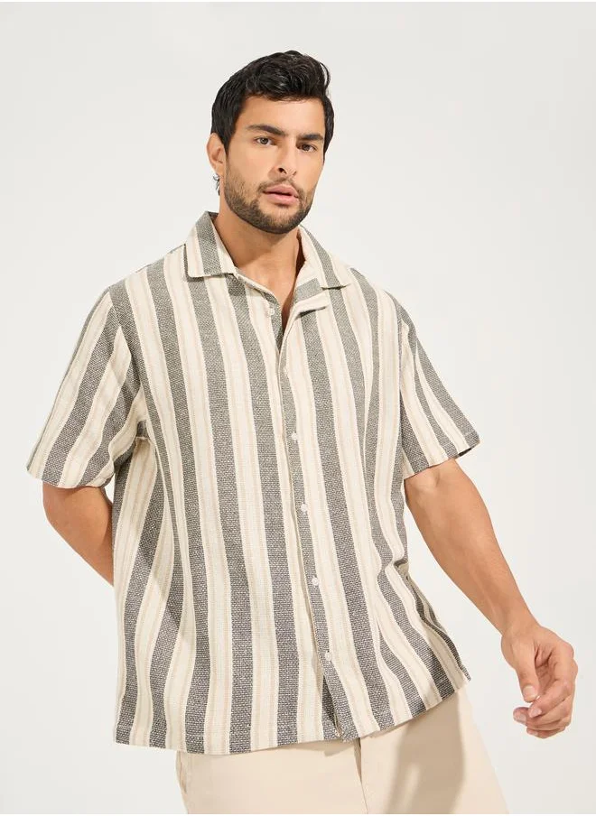 Styli Yarn Dyed Stripe Resort Collar Relaxed Shirt