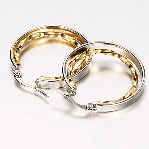 JUDE Stainless Steel Two-Tone Twisted Circle Hoop Earrings (Silver Gold) - Image 3