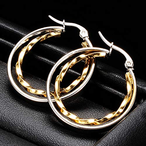 JUDE Stainless Steel Two-Tone Twisted Circle Hoop Earrings (Silver Gold) - Image 4
