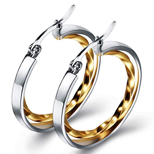 JUDE Stainless Steel Two-Tone Twisted Circle Hoop Earrings (Silver Gold) - Image 5