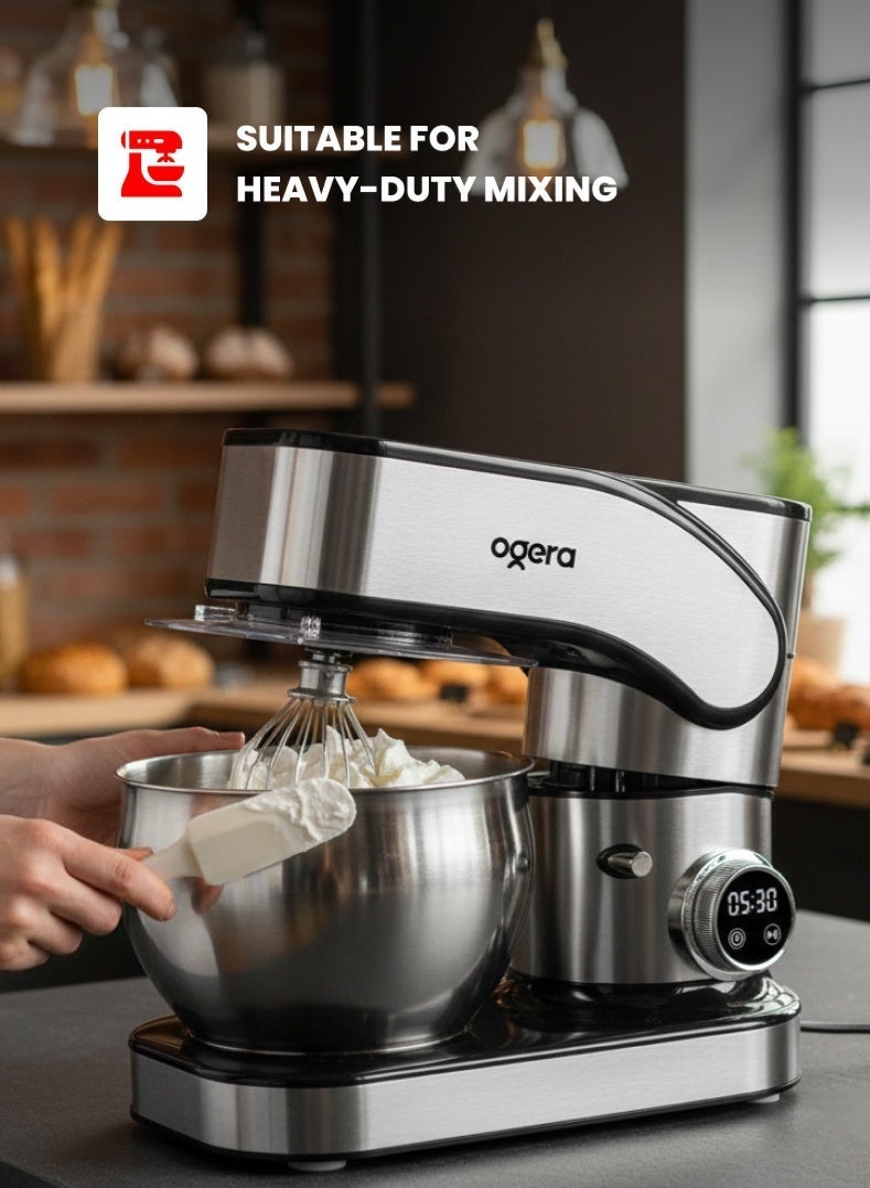 أوجيرا خلاط كهربائي 1300 واط بسعة 7.5 لتر مع وعاء من الستانلس ستيل، 12 سرعة مع خاصية النبض، رأس قابل للإمالة، مثالي للخبز المنزلي وتحضير عجين الخبز والبيتزا والكيك، مزود بمؤقت رقمي ولوحة تحكم باللمس، آلة مطبخ قوية للاستخدام المكثف، ضمان لمدة سنتين - Image 2