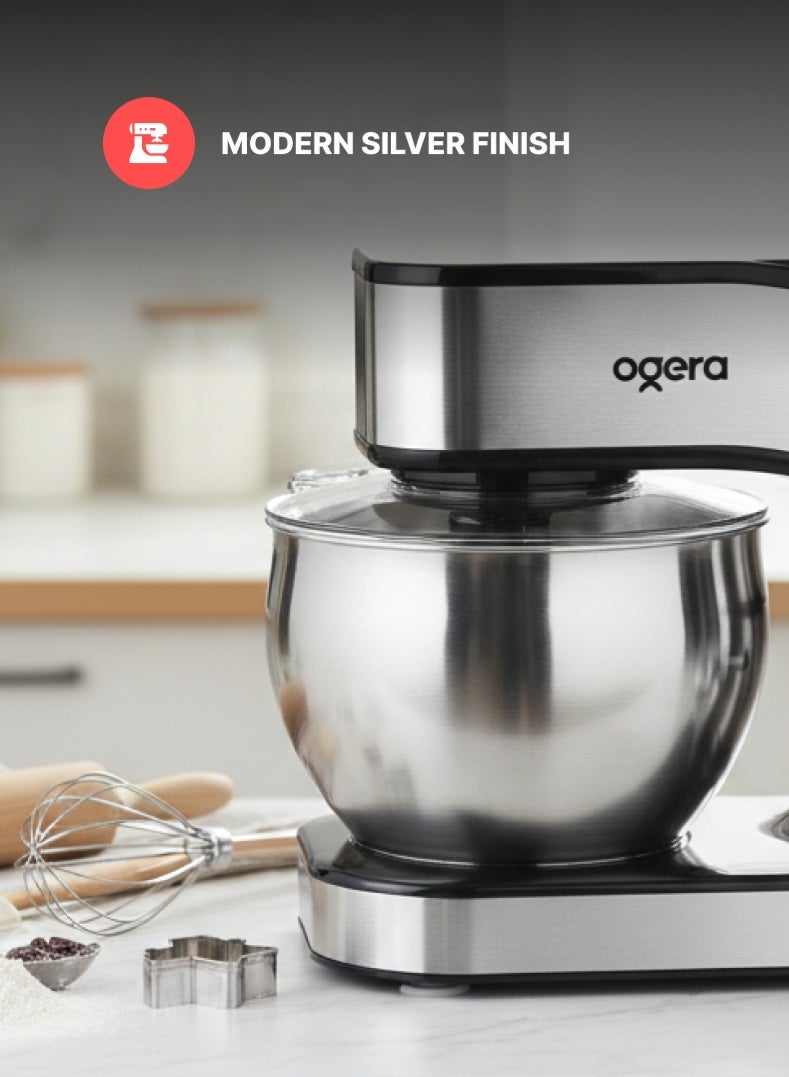 أوجيرا خلاط كهربائي 1300 واط بسعة 7.5 لتر مع وعاء من الستانلس ستيل، 12 سرعة مع خاصية النبض، رأس قابل للإمالة، مثالي للخبز المنزلي وتحضير عجين الخبز والبيتزا والكيك، مزود بمؤقت رقمي ولوحة تحكم باللمس، آلة مطبخ قوية للاستخدام المكثف، ضمان لمدة سنتين - Image 4