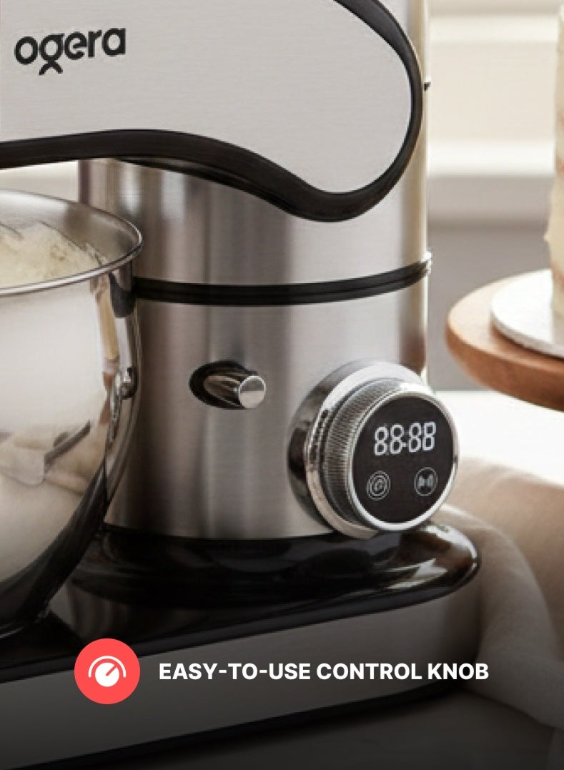 أوجيرا خلاط كهربائي 1300 واط بسعة 7.5 لتر مع وعاء من الستانلس ستيل، 12 سرعة مع خاصية النبض، رأس قابل للإمالة، مثالي للخبز المنزلي وتحضير عجين الخبز والبيتزا والكيك، مزود بمؤقت رقمي ولوحة تحكم باللمس، آلة مطبخ قوية للاستخدام المكثف، ضمان لمدة سنتين - Image 5