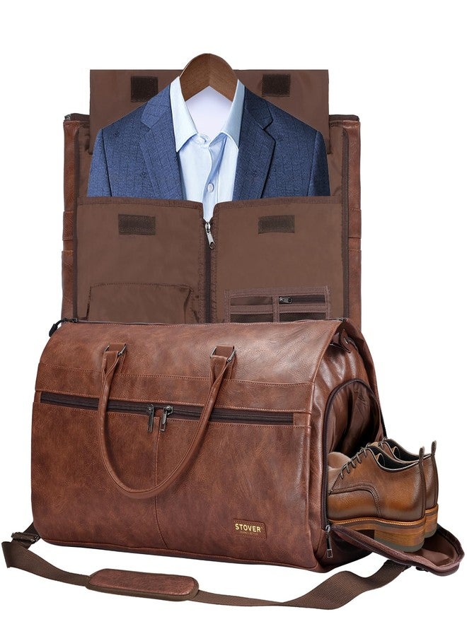 STOVER Garment Travel Duffle Bag, Large 2-in-1 Convertible Carry-on Luggage for Men & Women- Hanging Suits, Dresses, Clothes, Shoe Compartment- Weekender Tote Combo Duffel, Leatherette - Brown - Image 1