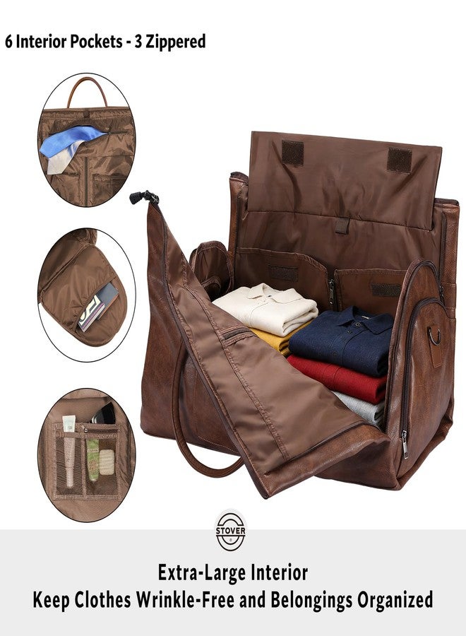 STOVER Garment Travel Duffle Bag, Large 2-in-1 Convertible Carry-on Luggage for Men & Women- Hanging Suits, Dresses, Clothes, Shoe Compartment- Weekender Tote Combo Duffel, Leatherette - Brown - Image 3