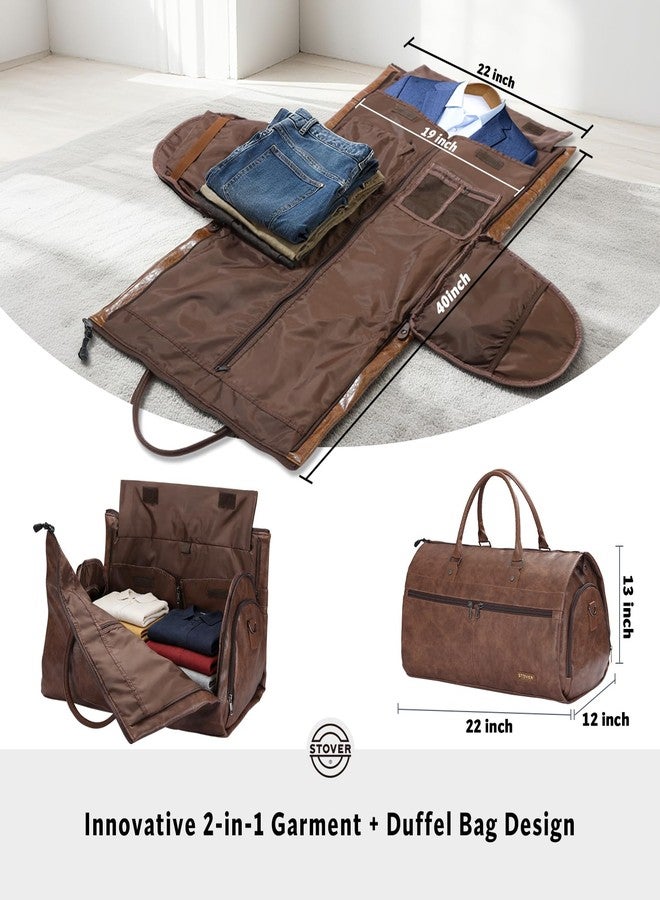 STOVER Garment Travel Duffle Bag, Large 2-in-1 Convertible Carry-on Luggage for Men & Women- Hanging Suits, Dresses, Clothes, Shoe Compartment- Weekender Tote Combo Duffel, Leatherette - Brown - Image 2