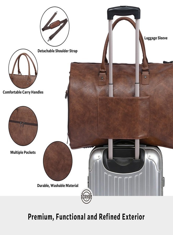 STOVER Garment Travel Duffle Bag, Large 2-in-1 Convertible Carry-on Luggage for Men & Women- Hanging Suits, Dresses, Clothes, Shoe Compartment- Weekender Tote Combo Duffel, Leatherette - Brown - Image 4