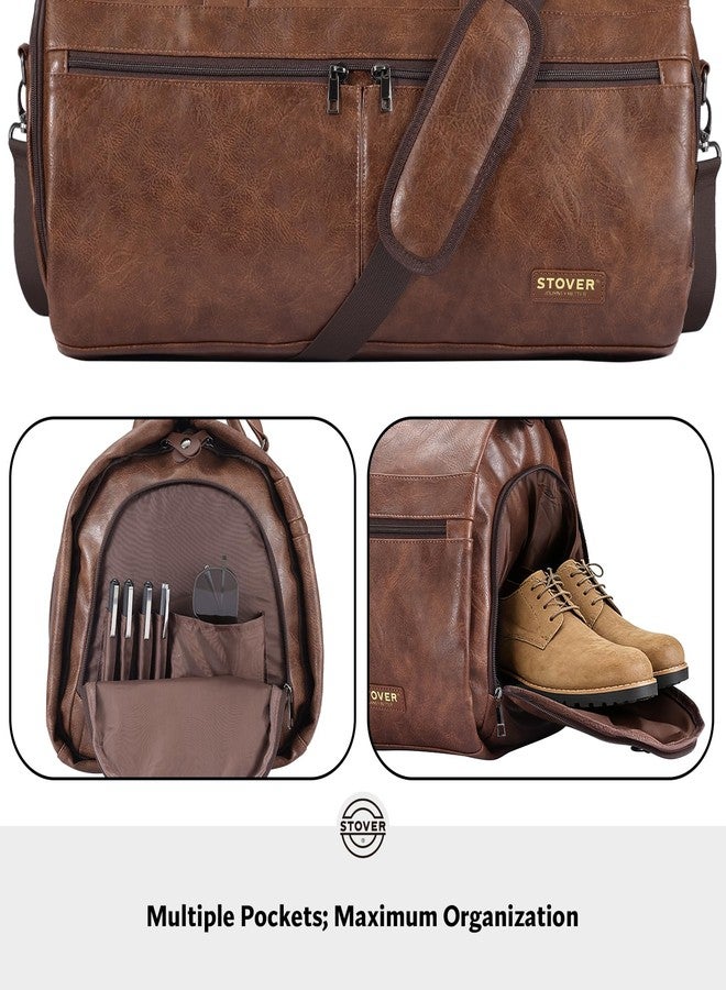 STOVER Garment Travel Duffle Bag, Large 2-in-1 Convertible Carry-on Luggage for Men & Women- Hanging Suits, Dresses, Clothes, Shoe Compartment- Weekender Tote Combo Duffel, Leatherette - Brown - Image 5