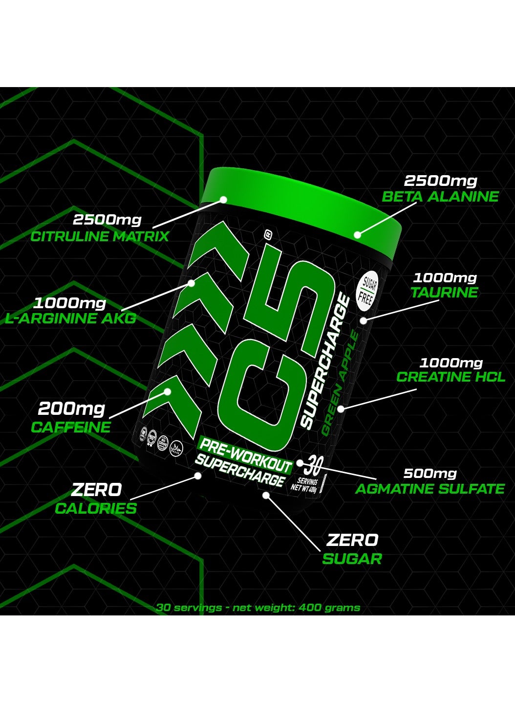 C5 Supercharge Pre Workout Powder Green Apple - 30 Servings, 200Mg High Caffeine - Sugar Free -Zero Calories - Beta Alanine - Citrulline Malate, Creatine Hcl High-Performance Preworkout Booster Supplement