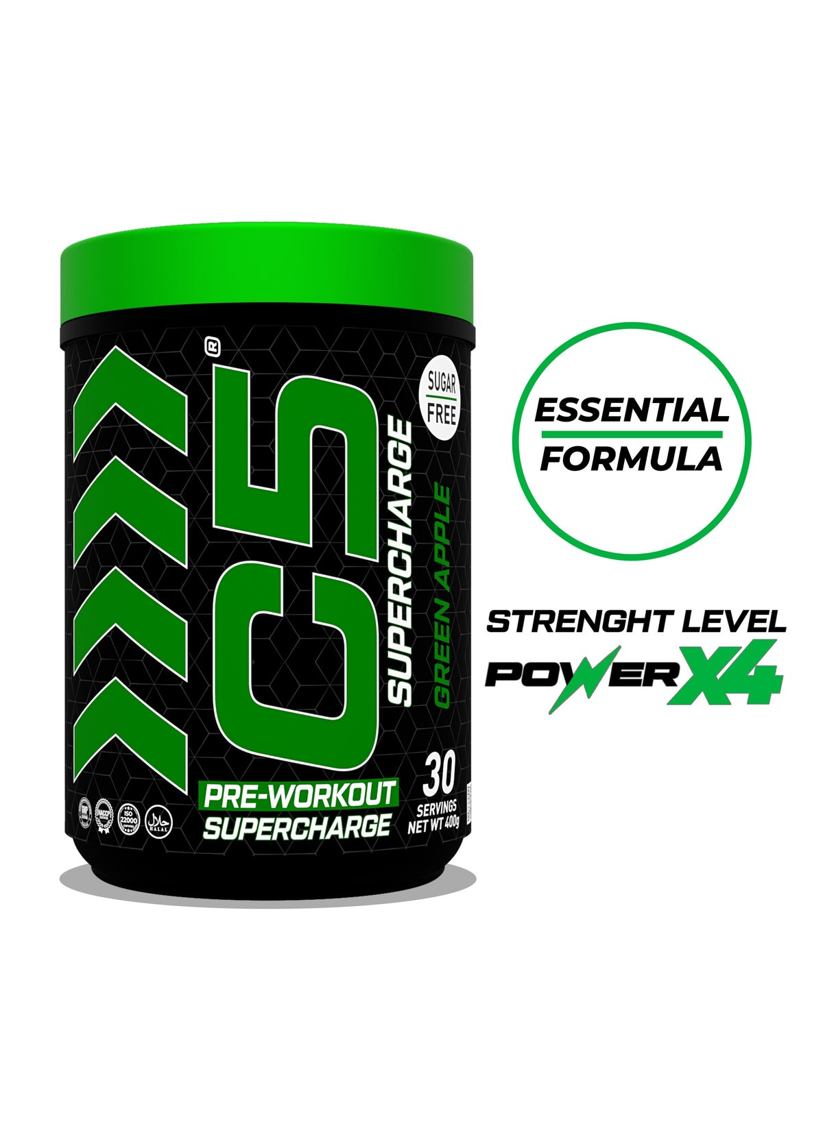 C5 Supercharge Pre Workout Powder Green Apple - 30 Servings, 200Mg High Caffeine - Sugar Free -Zero Calories - Beta Alanine - Citrulline Malate, Creatine Hcl High-Performance Preworkout Booster Supplement