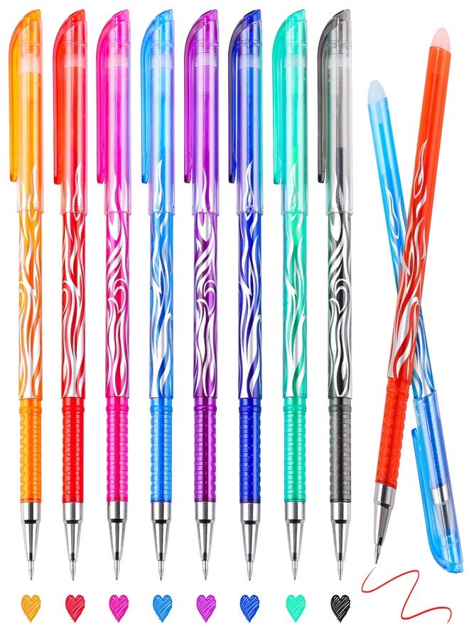 RIANCY 8 Pack Assorted Colored Ink Erasable Gel Pens, 0.5mm Fine Point, Flame Patterned Barrel, Comfortable Grip, with Eraser, Ideal for Journaling Note Taking Drawing School Office Art DIY Crafts - Image 1