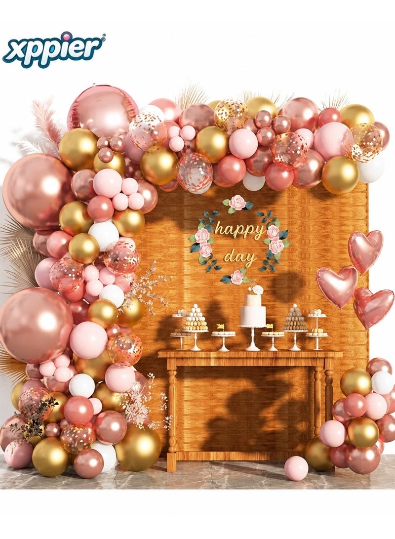 xppier Rose Gold Pink Balloon Arch Kit 150 Pcs rose gold Balloon Garland Kit Include Rose Gold Pink White Balloons for Wedding Birthday Bridal Baby Shower Party Decorations - Image 1