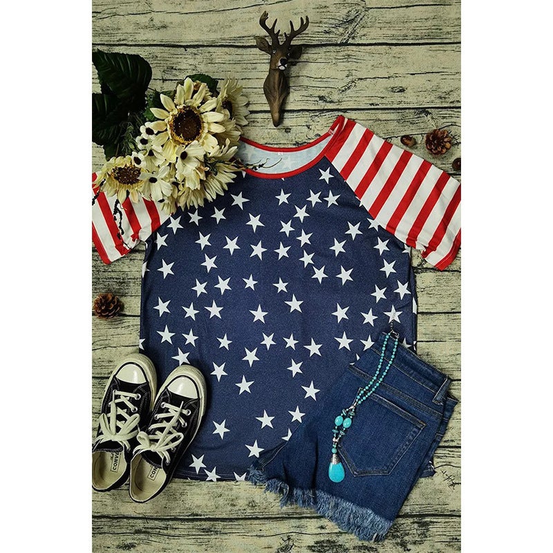 Women's Short Sleeve T-Shirt with Striped Star Print - Image 2