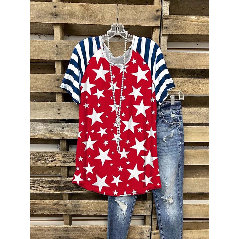 Women's Short Sleeve T-Shirt with Striped Star Print - Image 4