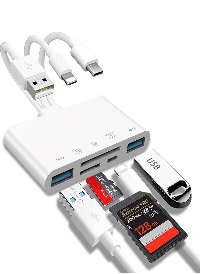 DMG TECH - SD Card Reader 5-in-1 Memory Card Reader USB OTG Adapter & SD Card Reader for i-Phone/i-Pad, USB C and USB A Devices - Image 1