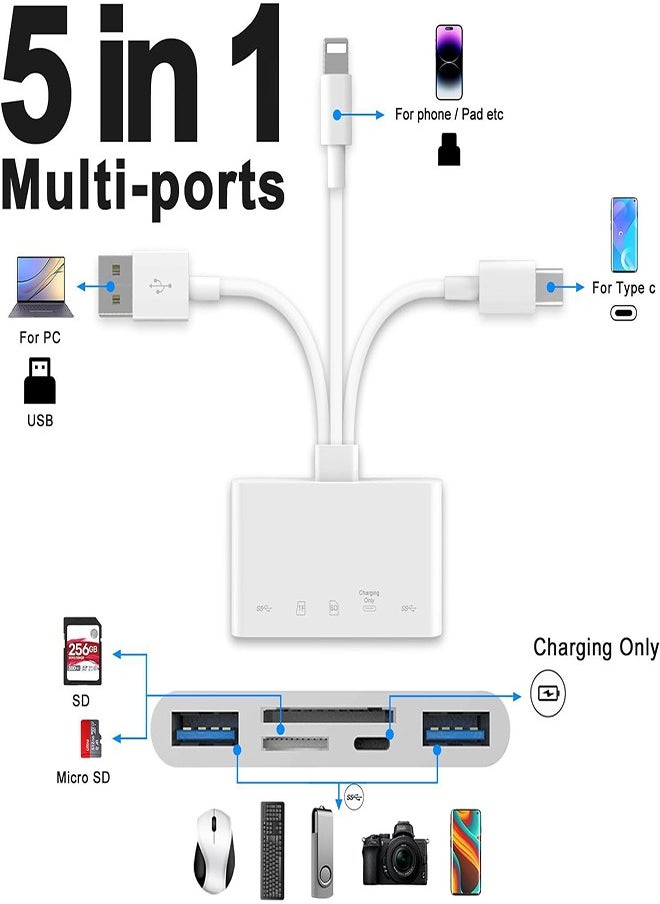 DMG TECH - SD Card Reader 5-in-1 Memory Card Reader USB OTG Adapter & SD Card Reader for i-Phone/i-Pad, USB C and USB A Devices - Image 1