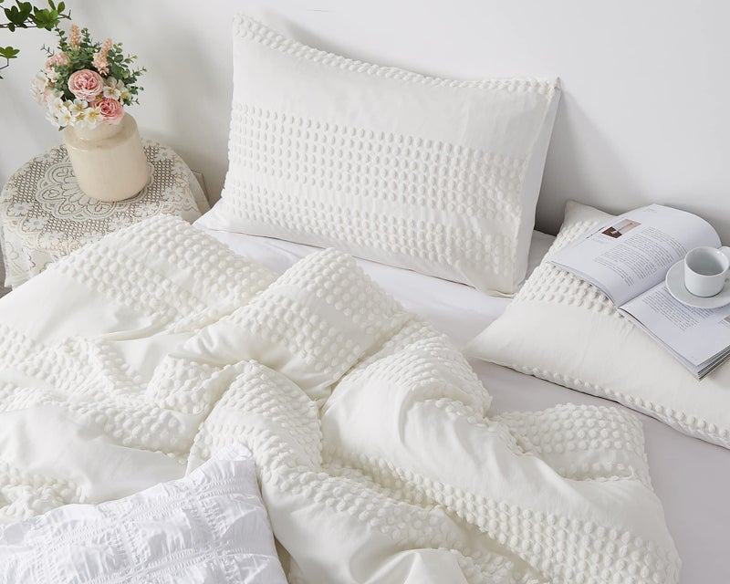 Cupocupa King Size Comforter Set;White Comforter Boho Tufted Lightweight Bedding Sets 3PCS Pom Pom Comforter Soft Jacquard with 2 Pillow Cases for All Season - Image 5