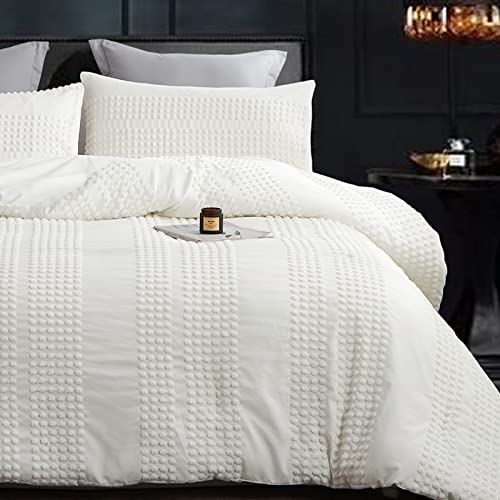 Cupocupa King Size Comforter Set;White Comforter Boho Tufted Lightweight Bedding Sets 3PCS Pom Pom Comforter Soft Jacquard with 2 Pillow Cases for All Season - Image 1