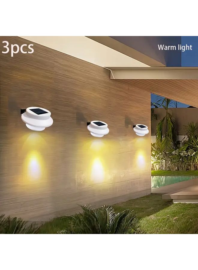 3 قطع أضواء الحائط الخارجية الشمسية ذات القشرة البيضاء والضوء الدافئ، إسقاط LED للحديقة - Image 1