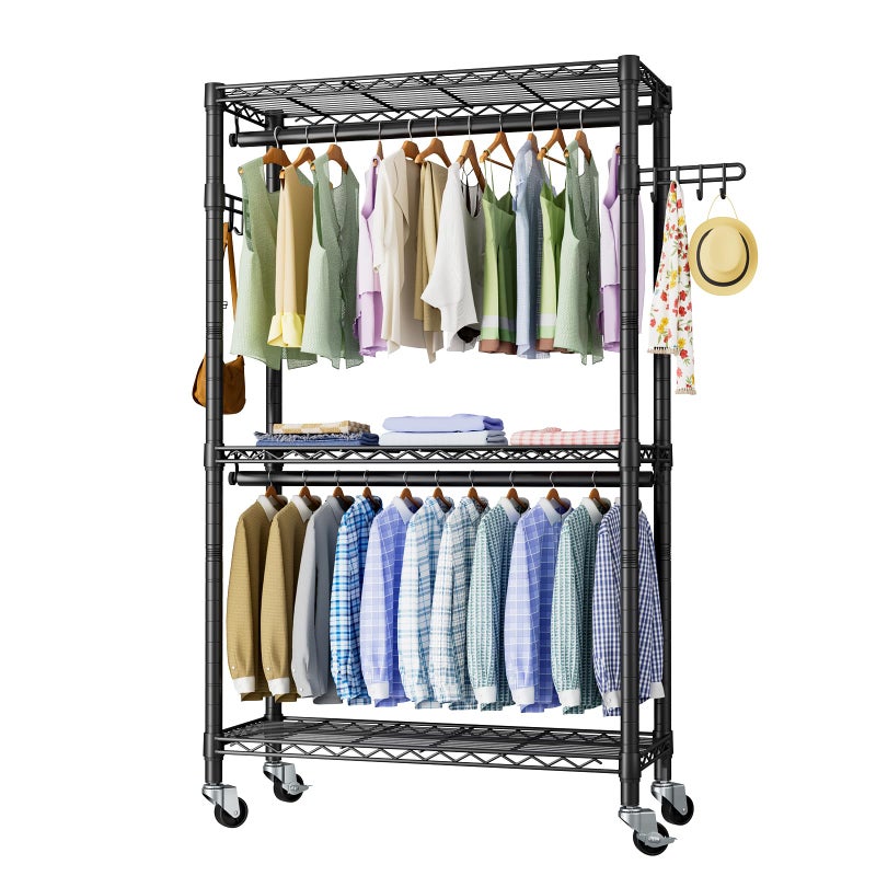 Golpart Heavy Duty Clothes Rack Rolling Garment Rack,3 Tier Adjustable Wire Shelving Clothing Racks for Hanging Clothes with Double Rods&Side Hooks,Freestanding Wardrobe Storage Rack Metal Portable Closet - Image 1