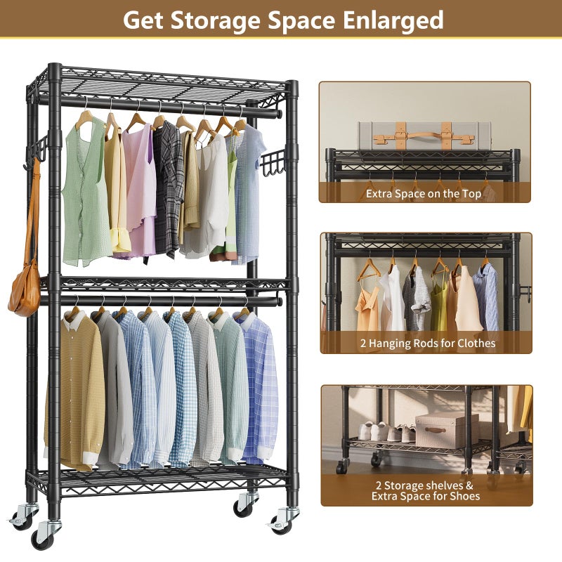 Golpart Heavy Duty Clothes Rack Rolling Garment Rack,3 Tier Adjustable Wire Shelving Clothing Racks for Hanging Clothes with Double Rods&Side Hooks,Freestanding Wardrobe Storage Rack Metal Portable Closet - Image 4
