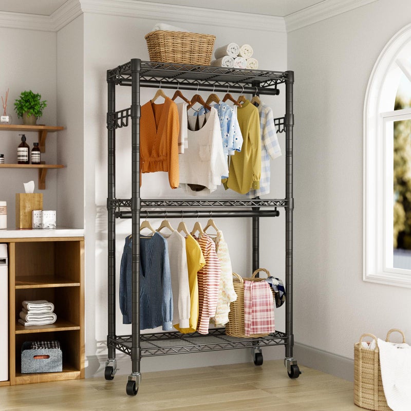 Golpart Heavy Duty Clothes Rack Rolling Garment Rack,3 Tier Adjustable Wire Shelving Clothing Racks for Hanging Clothes with Double Rods&Side Hooks,Freestanding Wardrobe Storage Rack Metal Portable Closet - Image 3