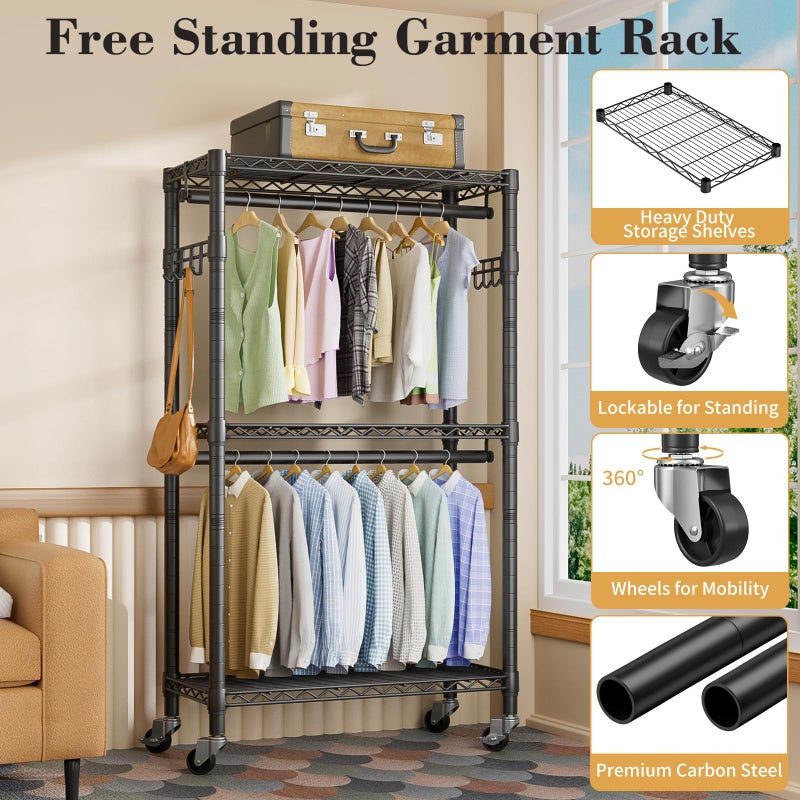 Golpart Heavy Duty Clothes Rack Rolling Garment Rack,3 Tier Adjustable Wire Shelving Clothing Racks for Hanging Clothes with Double Rods&Side Hooks,Freestanding Wardrobe Storage Rack Metal Portable Closet - Image 5