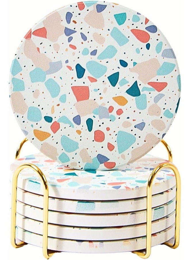 ilohaus Terrazzo Coasters Set of 6, Ceramic Absorbent Drink Coasters, Cute Moisture Absorbing Coaster, Coffee Table Desk Decor, Colorful Stone Coaster for Drinks (Pastel) - Image 1
