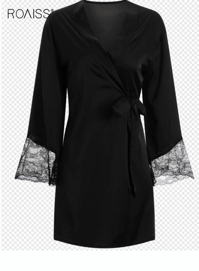 رويس مجموعة مكونة من قطعتين لبيجامات نسائية بتصميم عنق V تحتوي المجموعة على بدلة منزلية للنساء بنفس اللون وروب خارجي وعنصر دانتيل في النايتغاون - Image 3