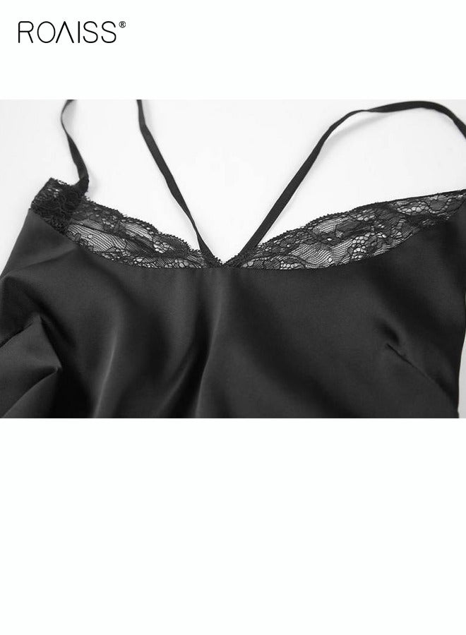 رويس مجموعة مكونة من قطعتين لبيجامات نسائية بتصميم عنق V تحتوي المجموعة على بدلة منزلية للنساء بنفس اللون وروب خارجي وعنصر دانتيل في النايتغاون - Image 4