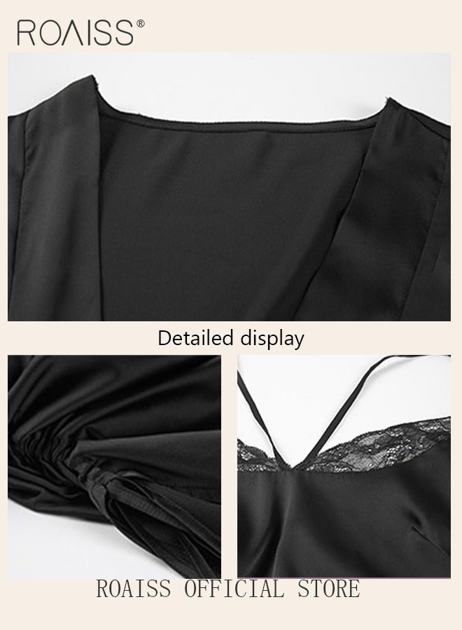 رويس مجموعة مكونة من قطعتين لبيجامات نسائية بتصميم عنق V تحتوي المجموعة على بدلة منزلية للنساء بنفس اللون وروب خارجي وعنصر دانتيل في النايتغاون - Image 2