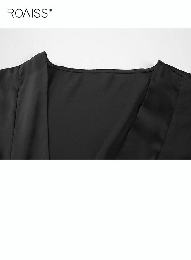 رويس مجموعة مكونة من قطعتين لبيجامات نسائية بتصميم عنق V تحتوي المجموعة على بدلة منزلية للنساء بنفس اللون وروب خارجي وعنصر دانتيل في النايتغاون - Image 5