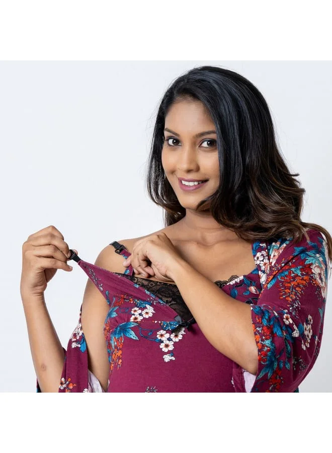 Aadaraya Aadaraya All-Over Floral Print Maternity Chemise with Robe and Eye Mask
