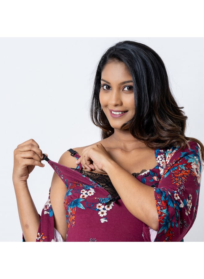 Aadaraya Aadaraya All-Over Floral Print Maternity Chemise with Robe and Eye Mask - Image 4