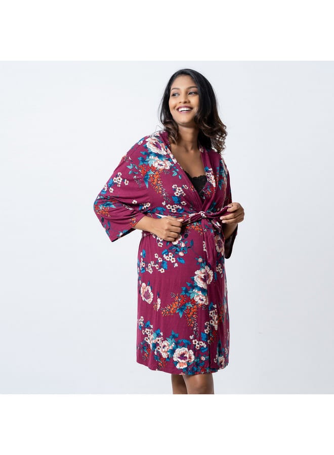 Aadaraya Aadaraya All-Over Floral Print Maternity Chemise with Robe and Eye Mask - Image 3