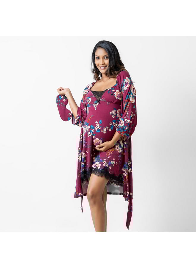 Aadaraya Aadaraya All-Over Floral Print Maternity Chemise with Robe and Eye Mask - Image 1