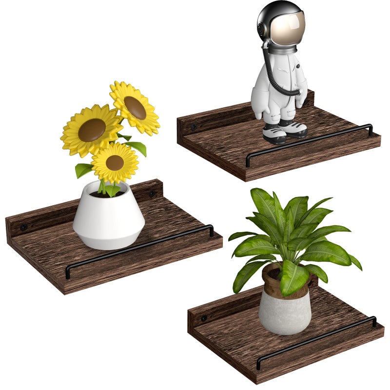 RYOFOBETTO Small Floating Shelf 6 X 9 Inches Farmhouse Wall Shelves for Living Room Bedroom Picture Frames Plants Kitchen Set of 3 Brown