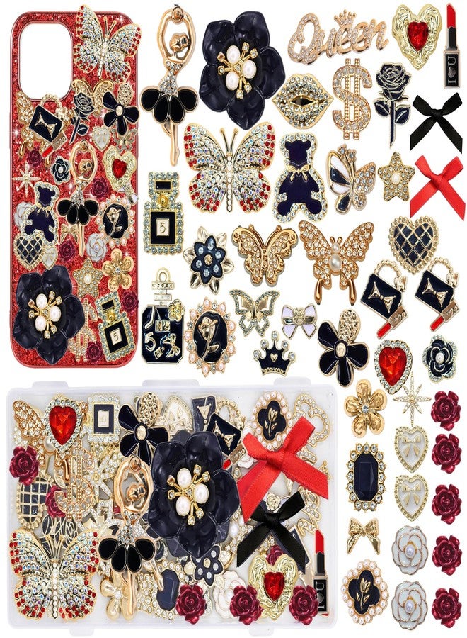 RoedCuoo Junk Case Charms,Red & Black Bow Flower Charm for Phone Cases,3D Gold Butterfly Rhinestone Junk Case Kit, Elegant Heart Rose Bear Big Charms,Bling Flat Back Junk Charm Kit for Junk Socks, Shoes, Phone - Image 1